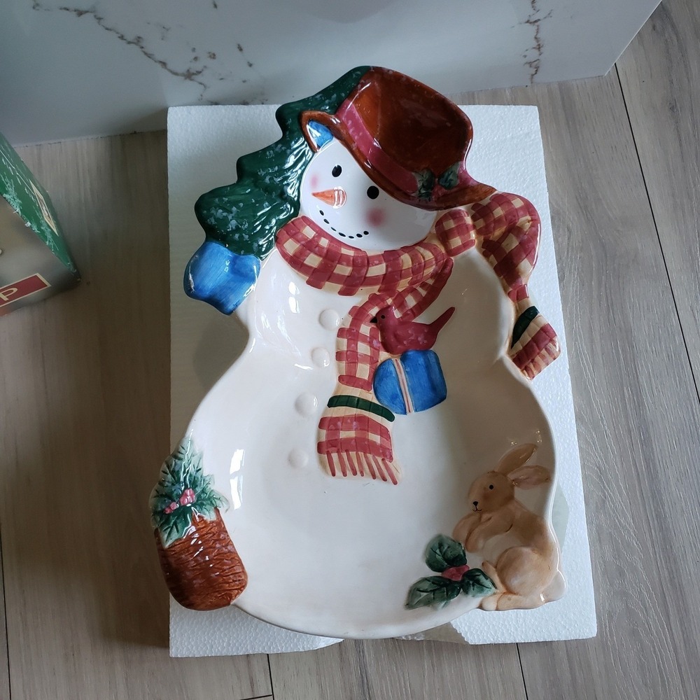 Christmas Memories Snowman Chip Dip Platter Holiday Serving Tray 17‎ Inch Bunny